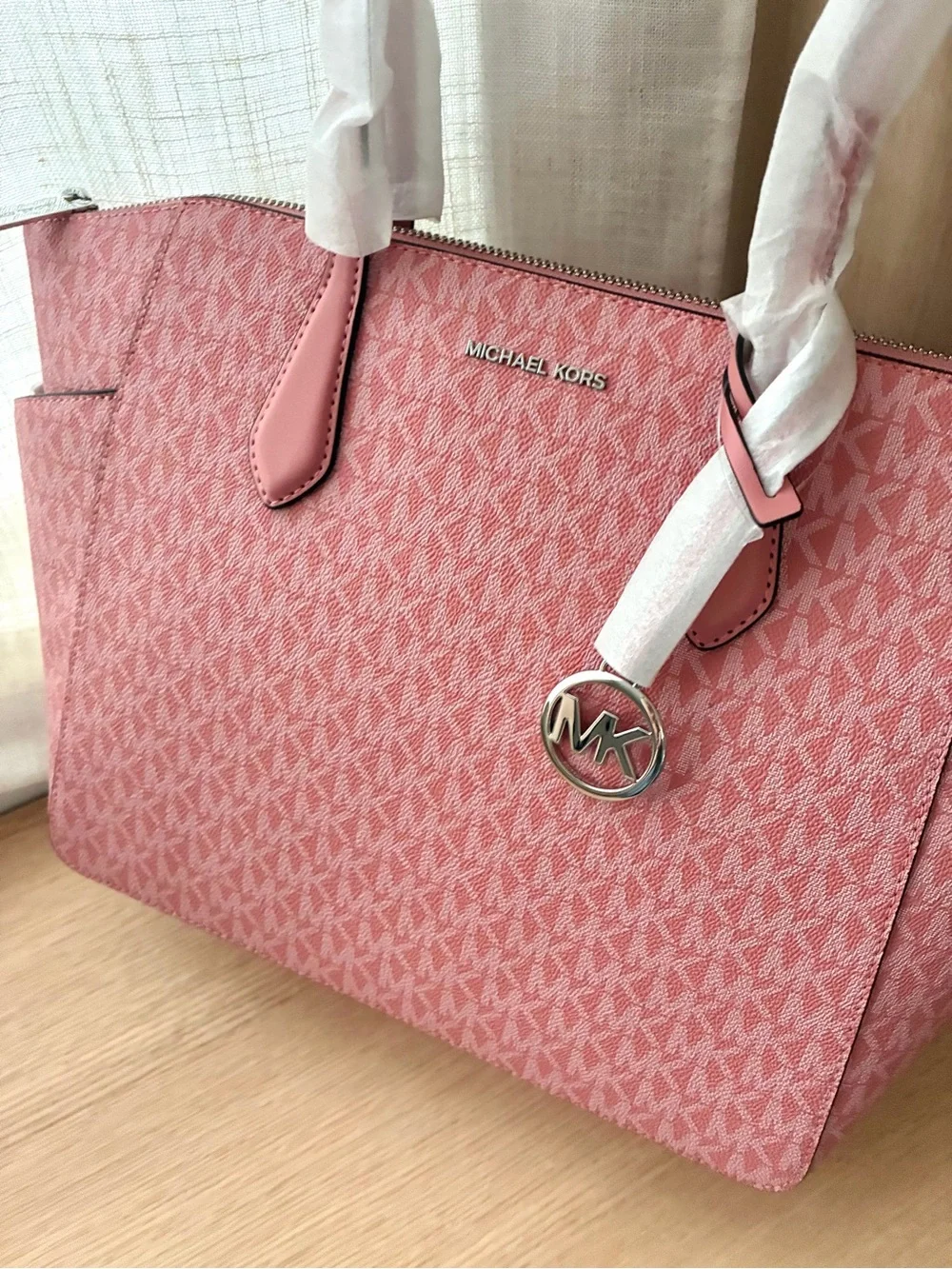 NWT💕Michael Kors Marilyn Medium Signature Logo Tote Bag Pink Sunset Rose Charm
